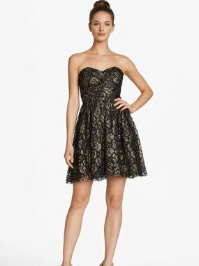 Jill Stuart Strapless Mini Dress Black Gold Lace Size 6 Party Cocktail Y2K